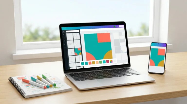 Canva design tool on laptop screen in bright workspace