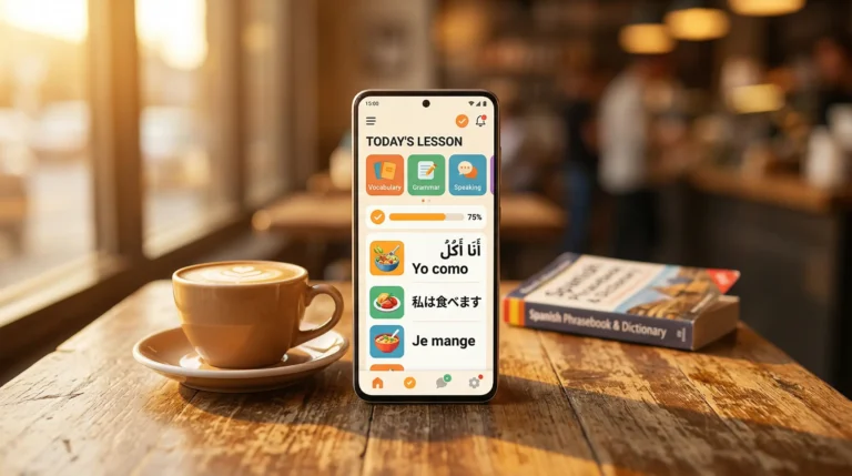 Duolingo language learning app open on Android phone in cafe
