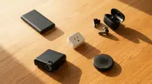 Five useful everyday tech gadgets arranged on warm wooden desk