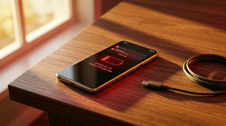 Android phone showing 4 percent low battery warning on wooden desk