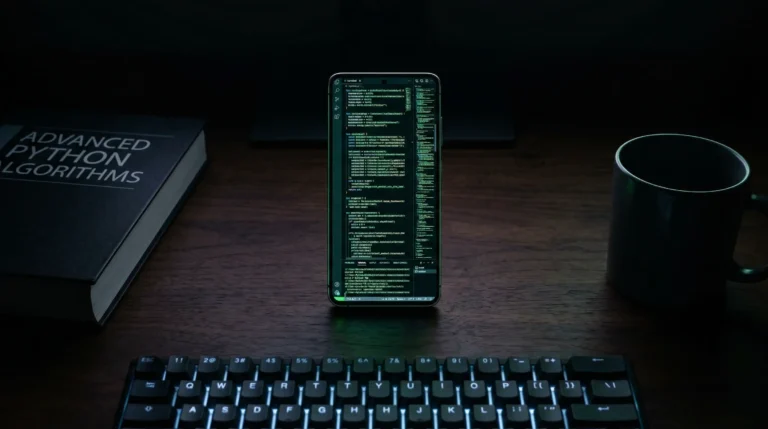 Code editor with syntax highlighted code on Android phone screen at night