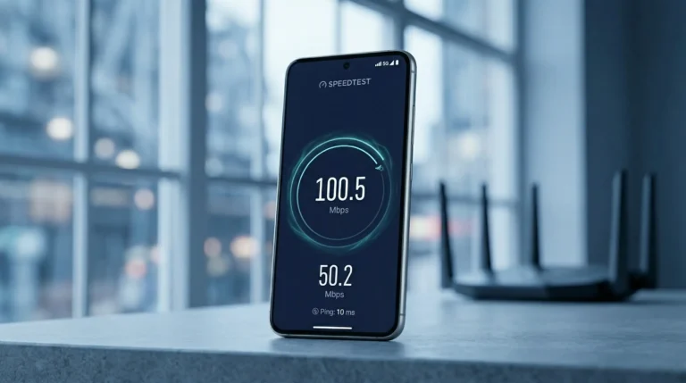Android phone showing fast 5G mobile internet speed test results