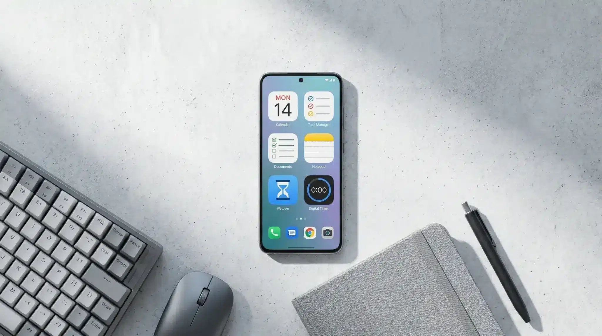 Top Android productivity apps displayed on phone screen with keyboard