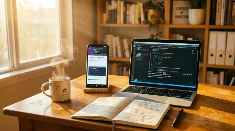 Learning digital skills online using Android phone and laptop with notebook