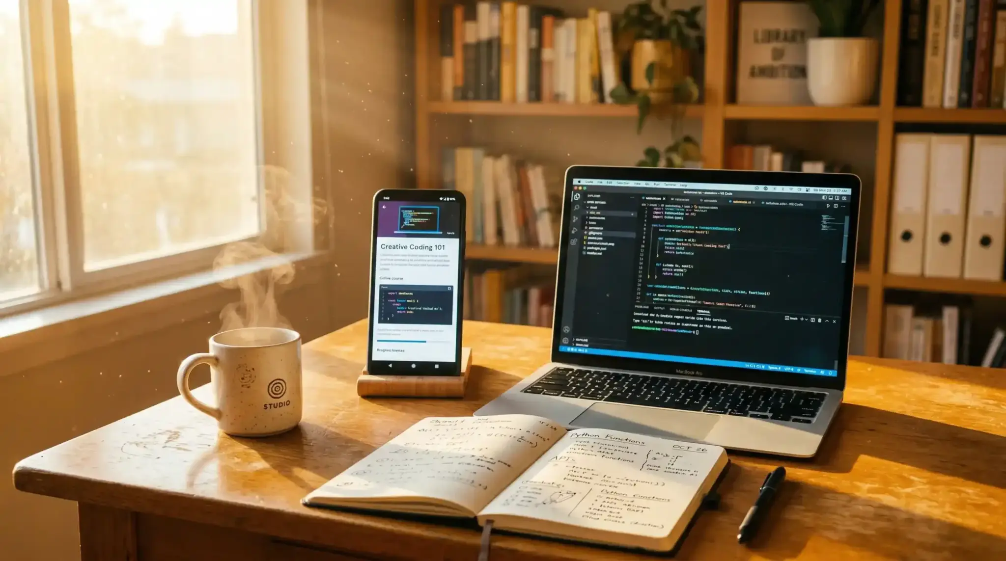 Learning digital skills online using Android phone and laptop with notebook