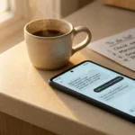 AI chat assistant app on Android phone on bright kitchen counter morning