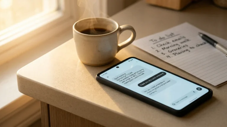AI chat assistant app on Android phone on bright kitchen counter morning