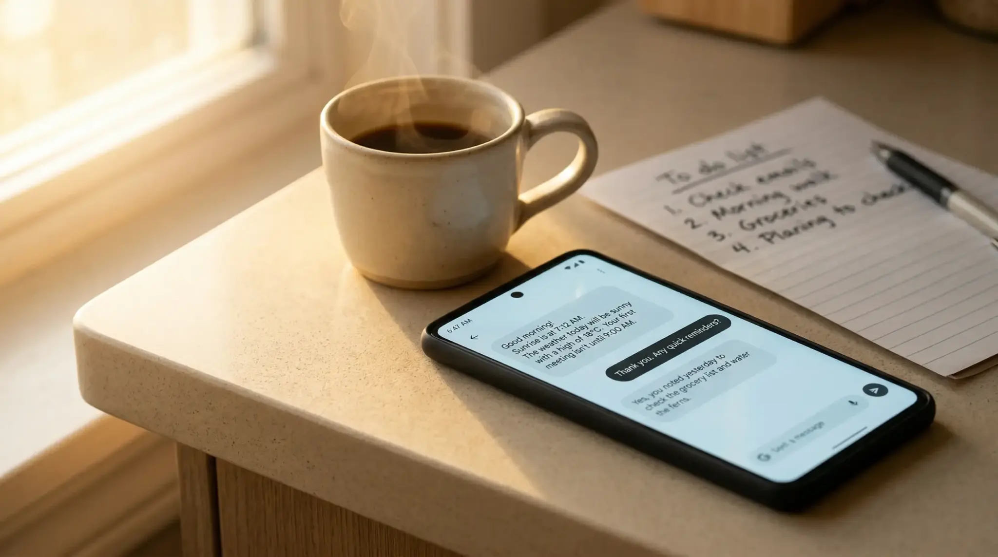 AI chat assistant app on Android phone on bright kitchen counter morning