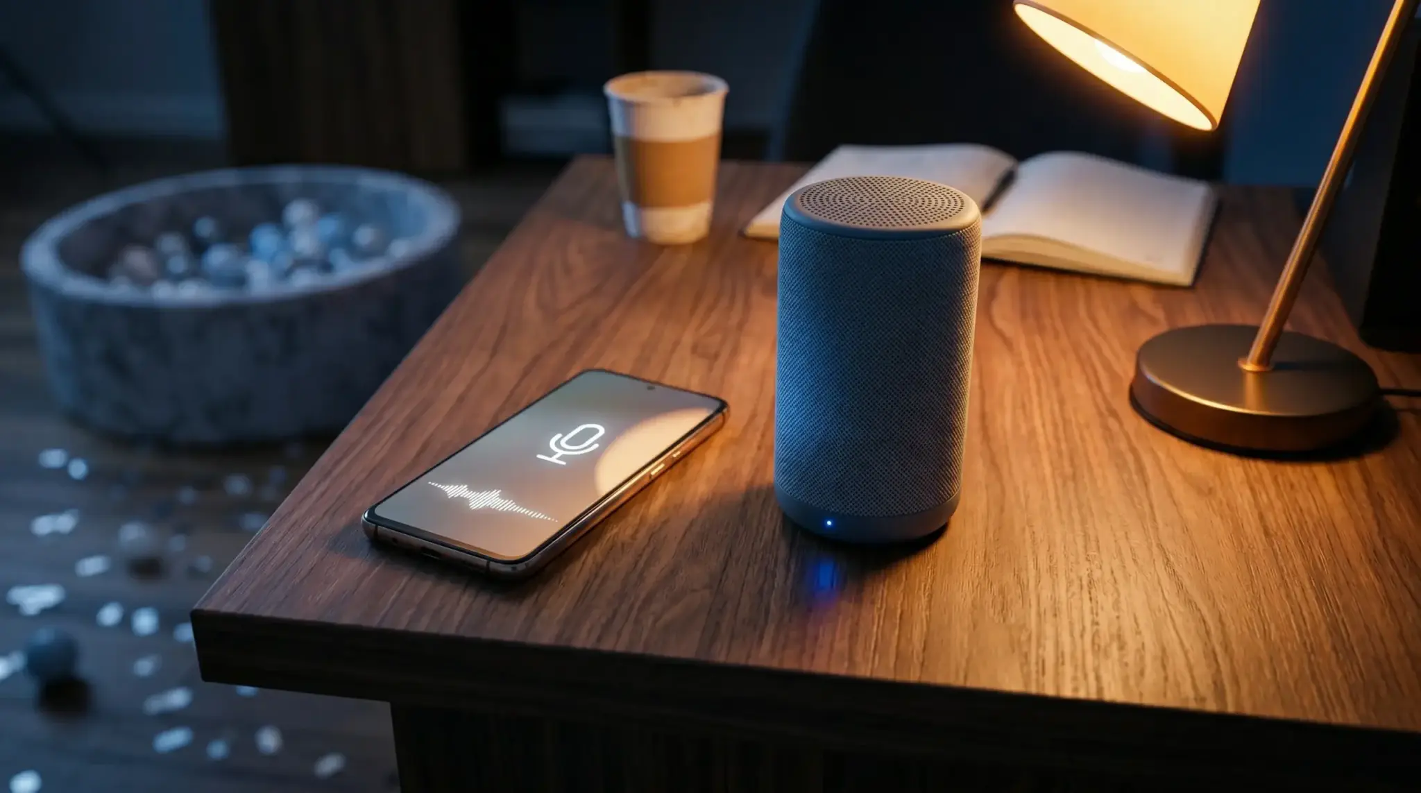 Android phone with microphone icon wirelessly connected to Bluetooth speaker