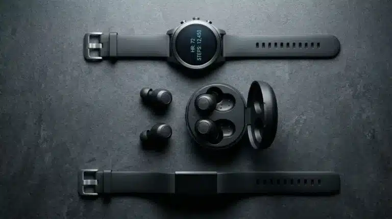 Premium smartwatch and wireless earbuds on dark slate surface
