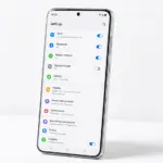Hands holding a new Android phone with the Settings menu open on screen